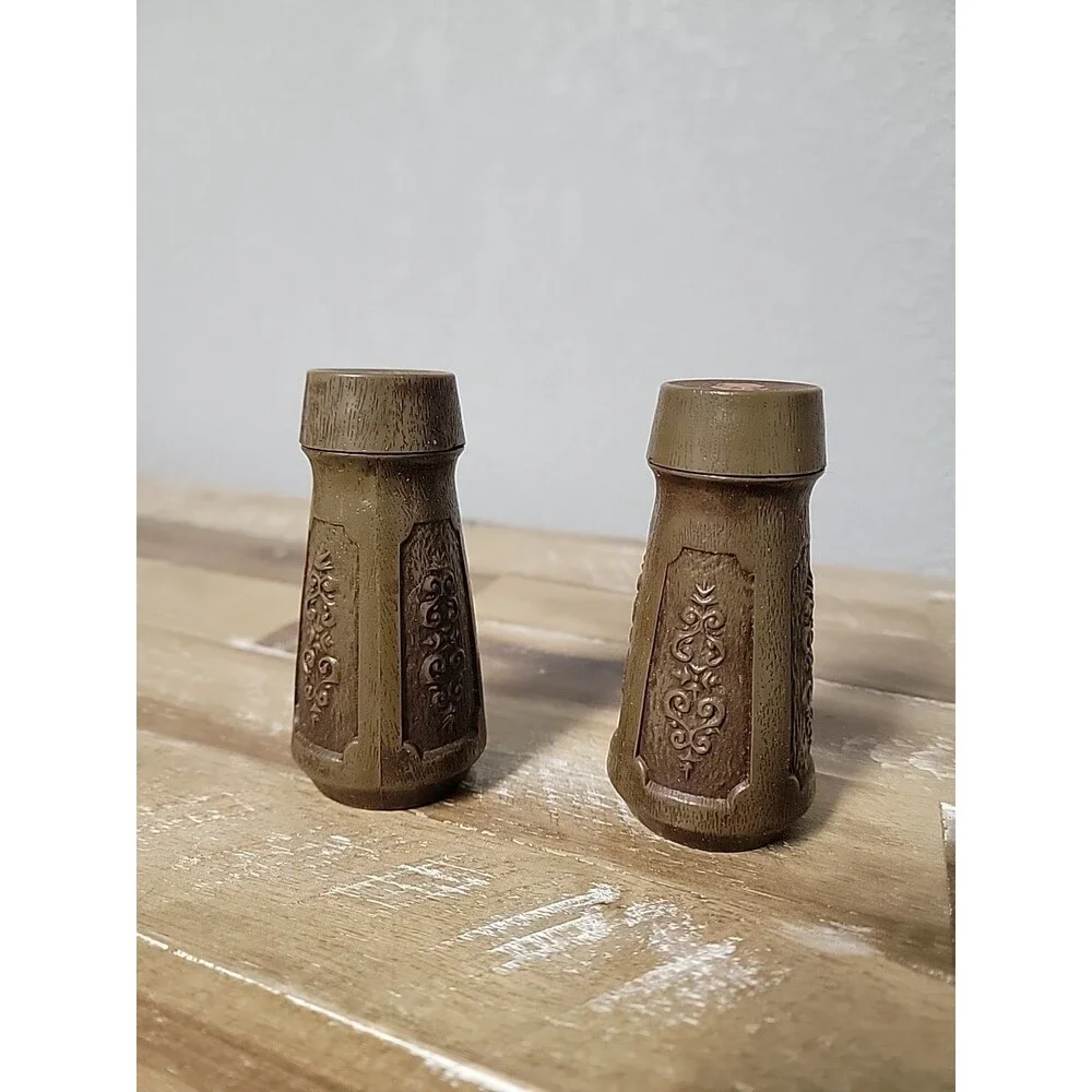 Vintage MCM Salt and Pepper Shakers Brown Plastic Bolta Textured Scroll Design